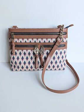 SPARTINA 449 Pink & Navy Natural Linen & Leather Crossbody Hipster